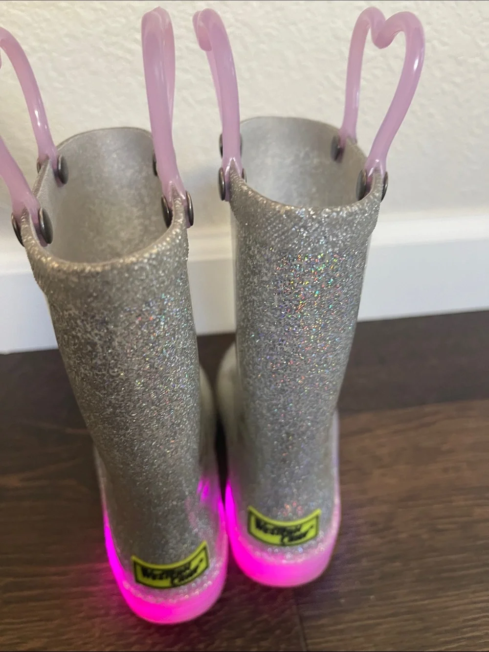 Western Chief Silver Glitter Kids Rain Boots with Pink Pull Tabs size 9 toddler